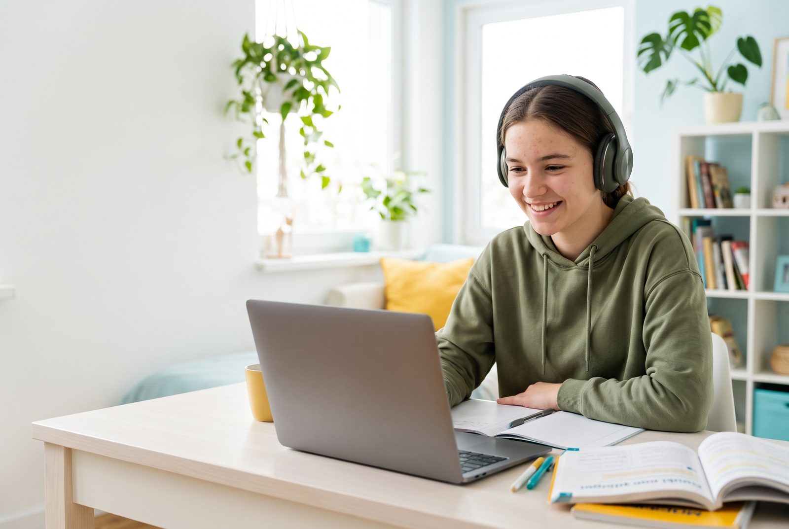 Uczennica w słuchawkach ucząca się angielskiego online