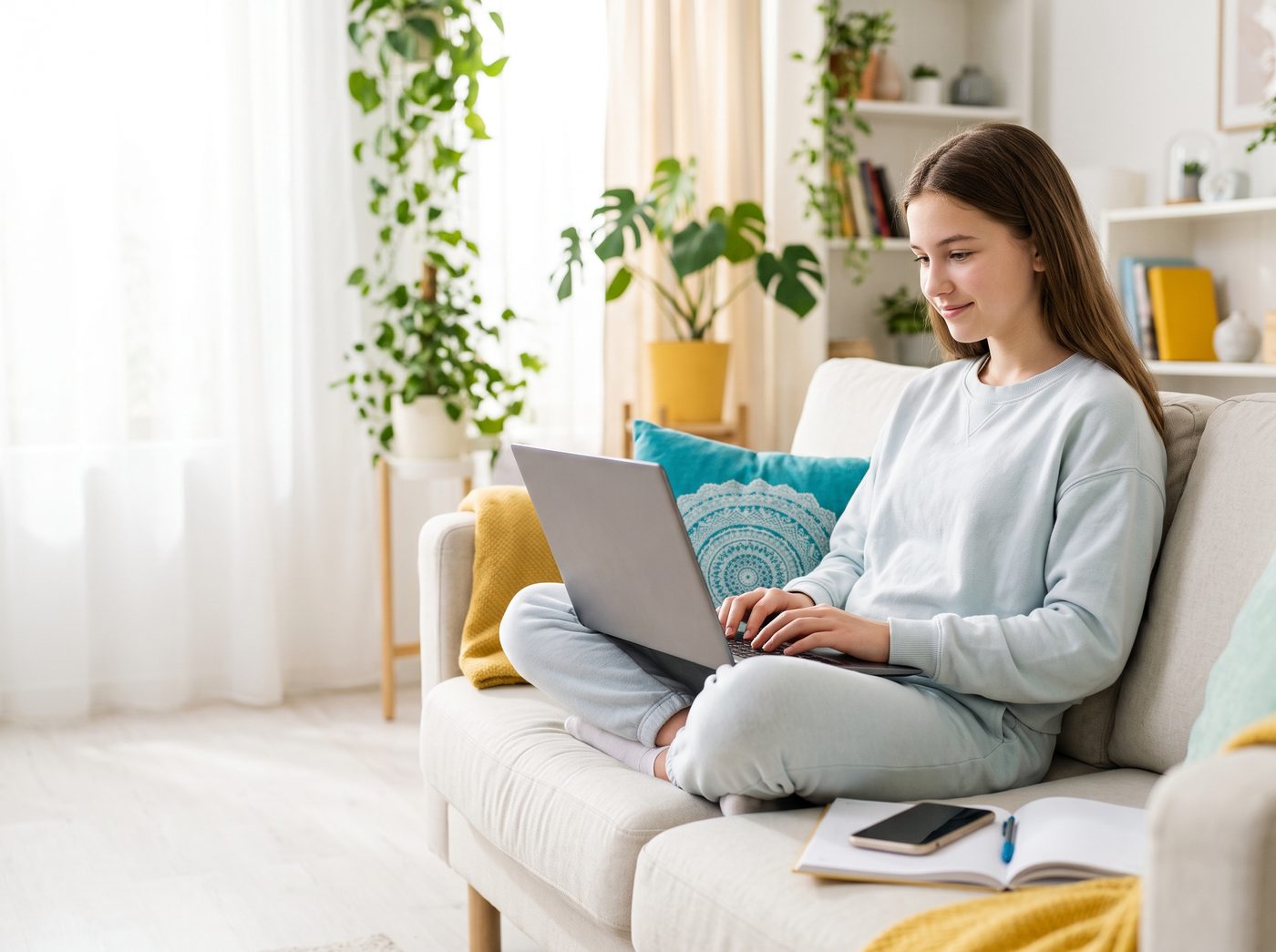 Uczennica rezerwuje lekcję angielskiego na laptopie
